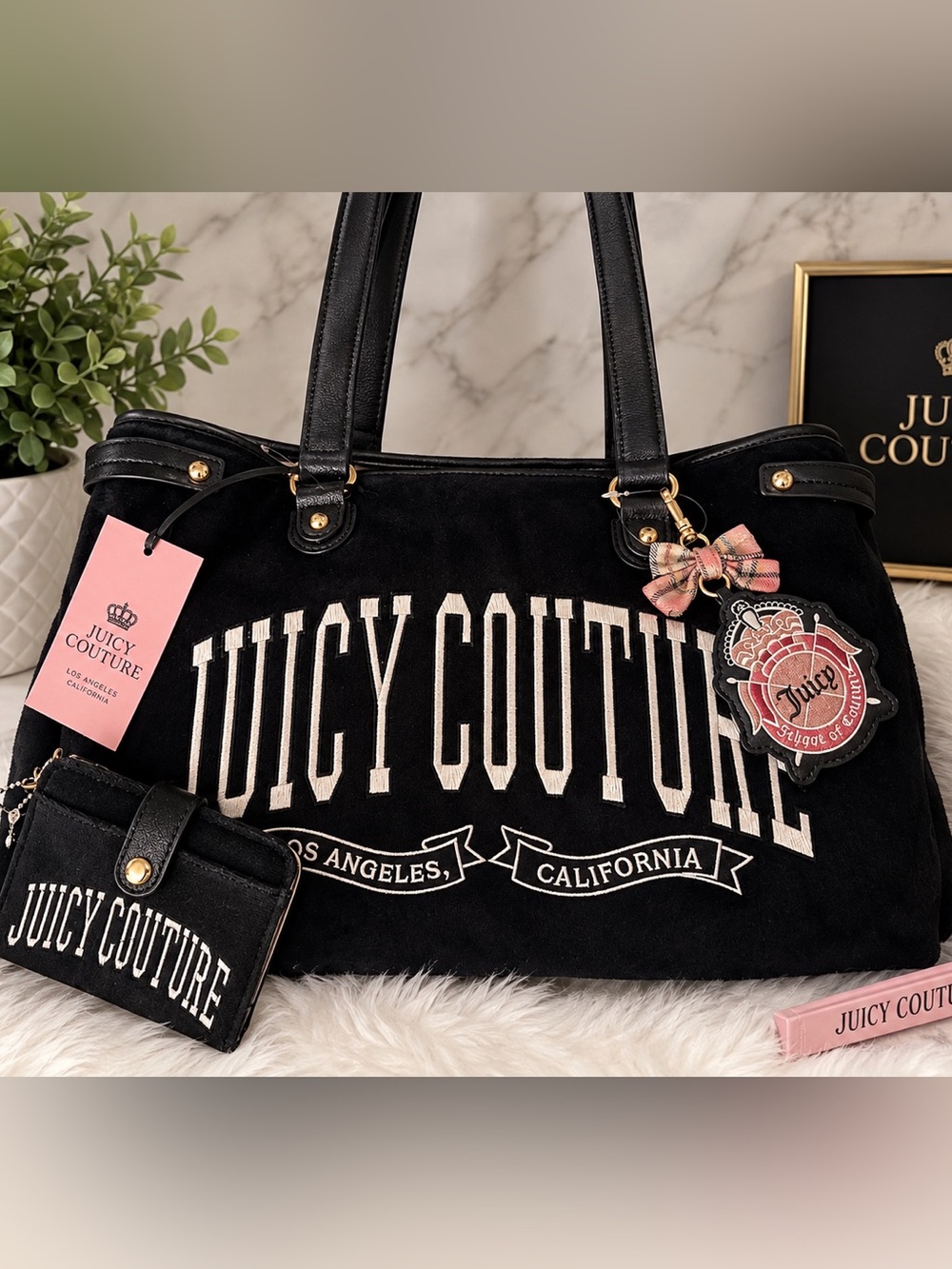 Juicy Couture Black Logo Tote with Charm and Matching Wallet